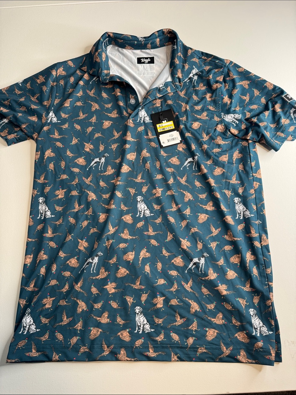 Waggle Teal Polo with Hunting Dog & Bird Print